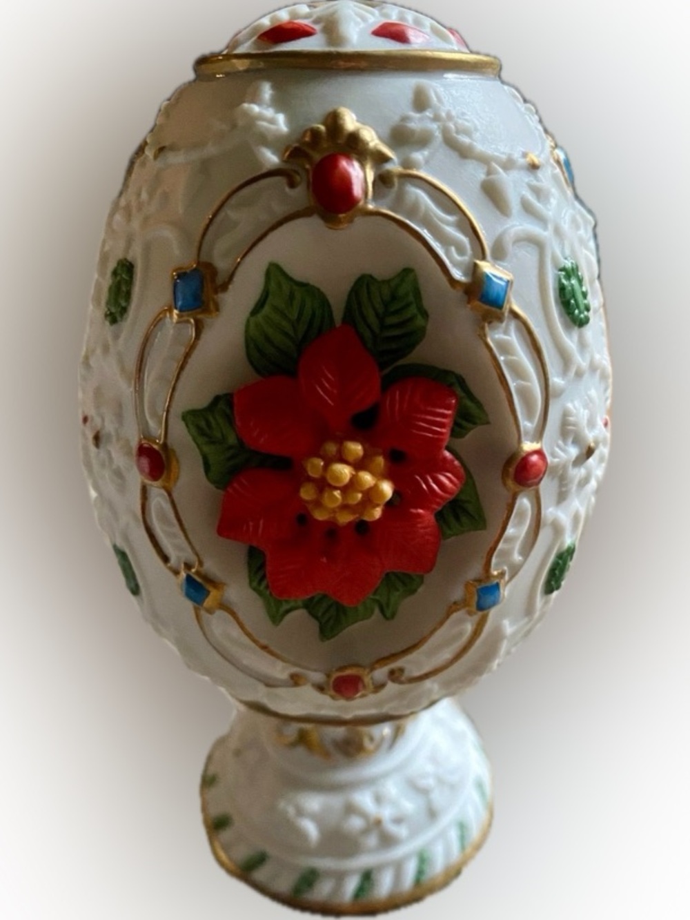 Vintage 1991 Lenox The Poinsettia Blossom Porcelain Collector Egg with Stand/Box